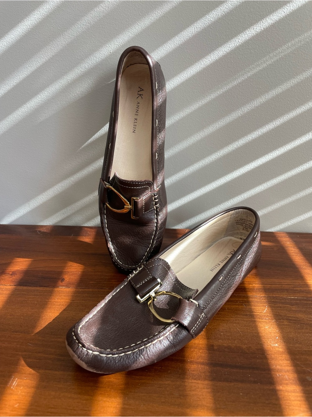 Anne Klein Dark Brown Leather Women’s Slip-On Loafers with Gold Accent